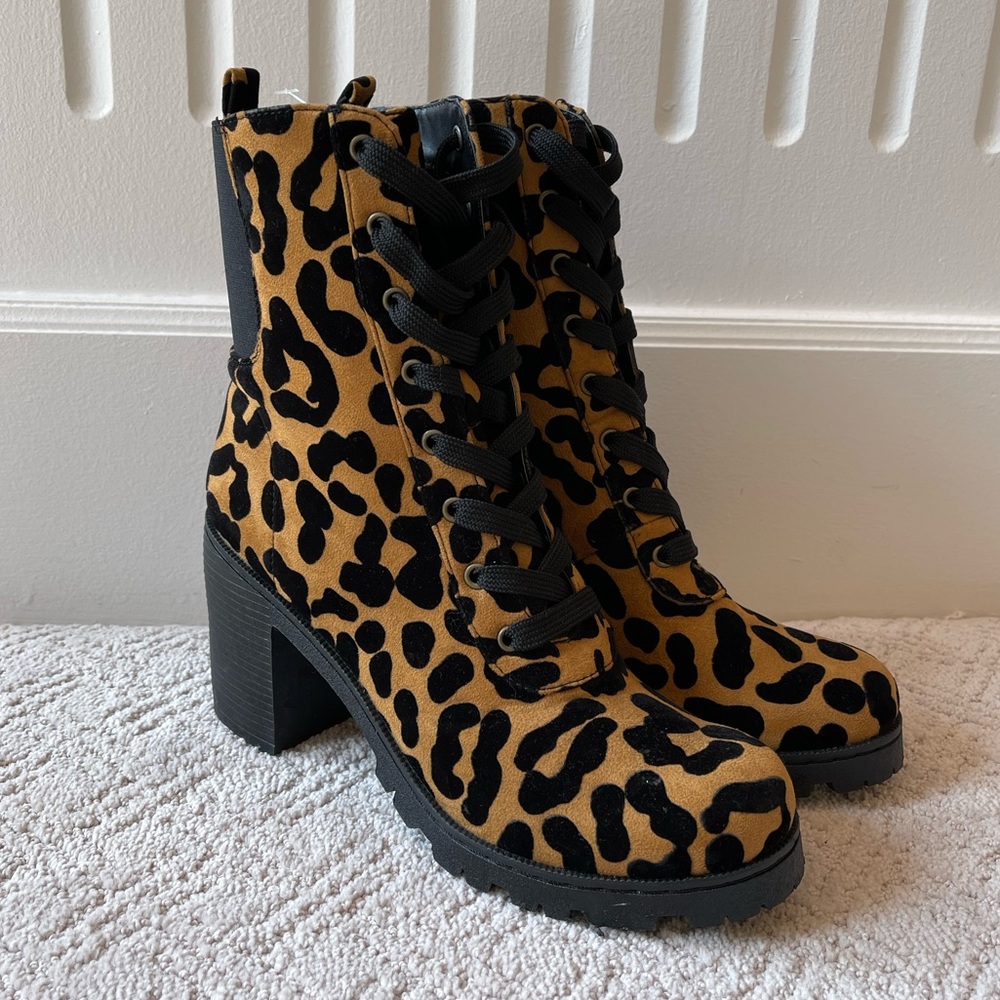 Leopard Faux Suede Block Heel Lace Up Bootie
